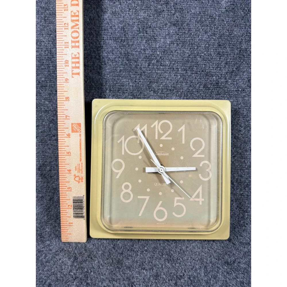 Vintage Sunbeam Quartz Wall Clock Tan Square Retro Mid Century 881-1031 USA Made